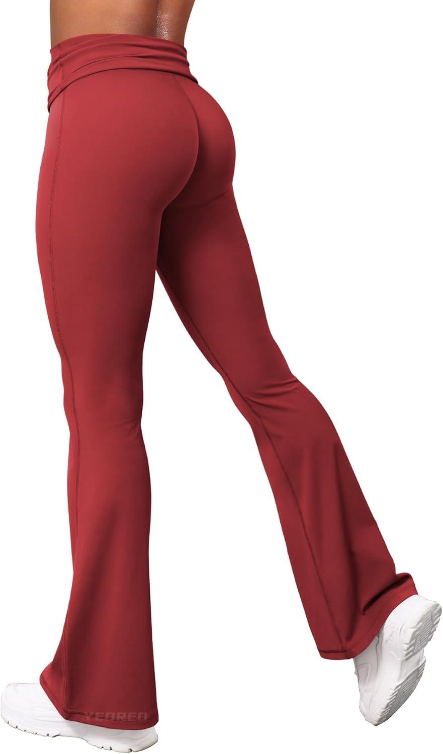 imageYEOREO Romola Women Yoga Pants Flare Leggings with Tummy Control High Waist Fold Over Bootcut Wide Legs Workout LeggingWine Red