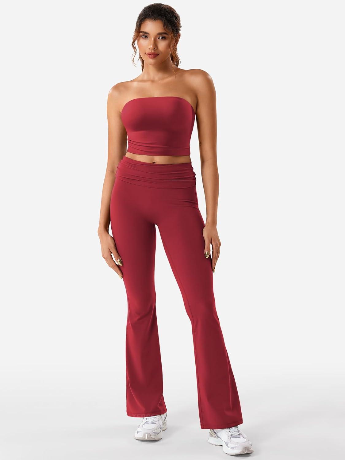 imageYEOREO Romola Women Yoga Pants Flare Leggings with Tummy Control High Waist Fold Over Bootcut Wide Legs Workout LeggingWine Red