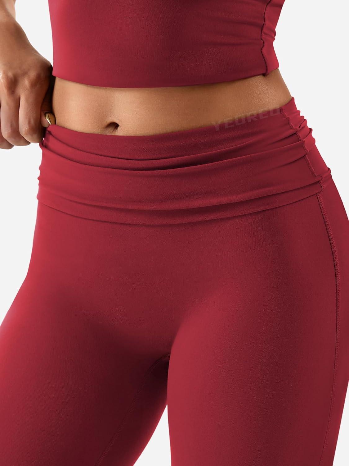 imageYEOREO Romola Women Yoga Pants Flare Leggings with Tummy Control High Waist Fold Over Bootcut Wide Legs Workout LeggingWine Red