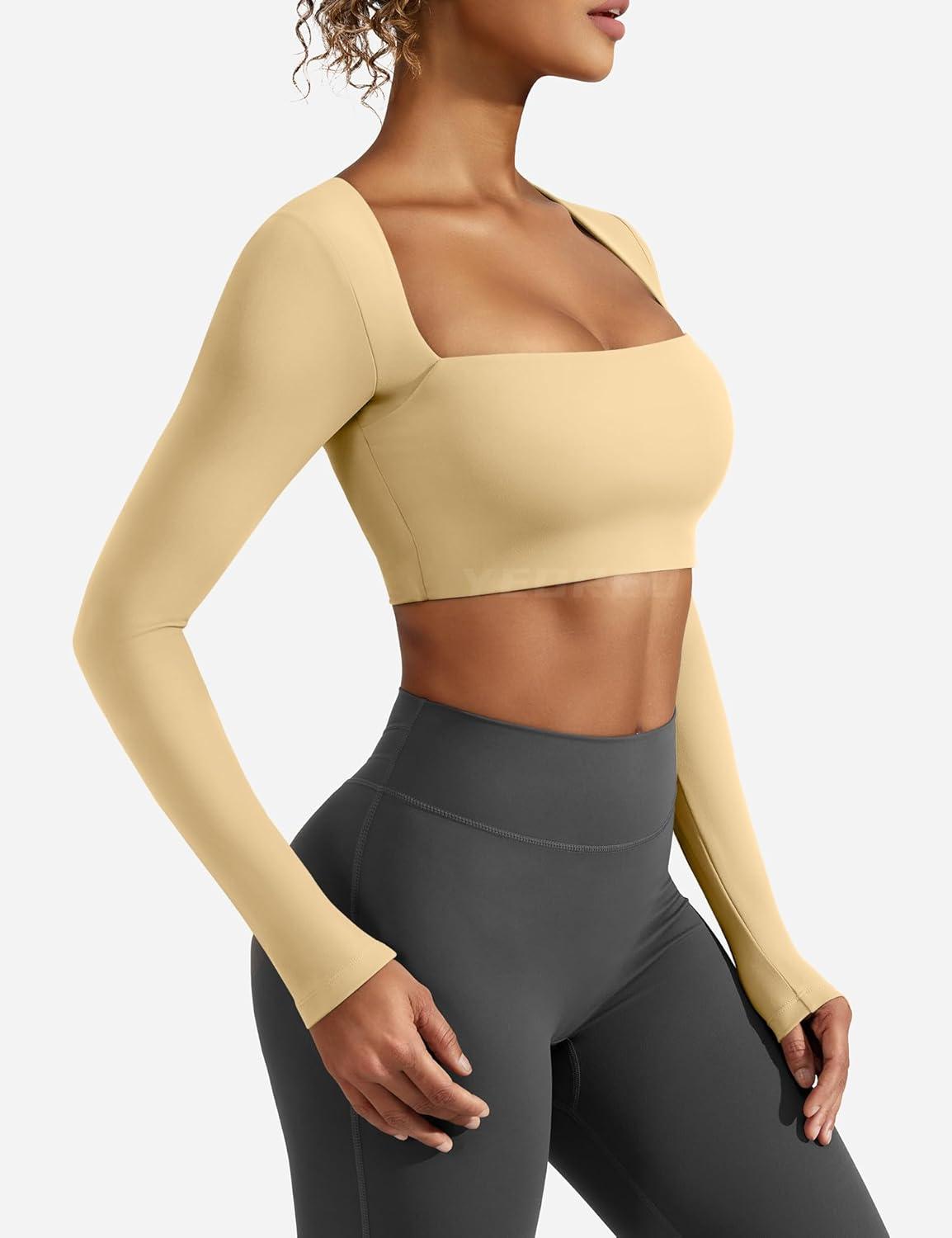 imageYEOREO Womens Long Sleeve Crop Top Lane Square Neck Crop Top Basic Slim Fit T ShirtApricot