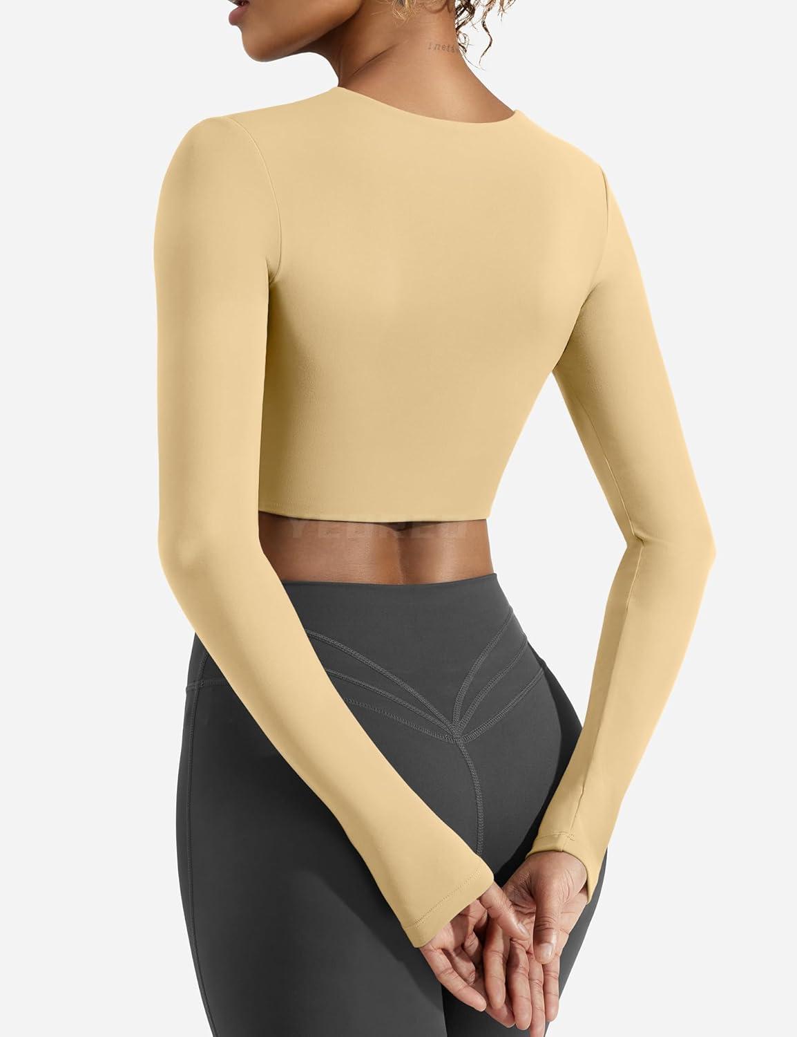 imageYEOREO Womens Long Sleeve Crop Top Lane Square Neck Crop Top Basic Slim Fit T ShirtApricot
