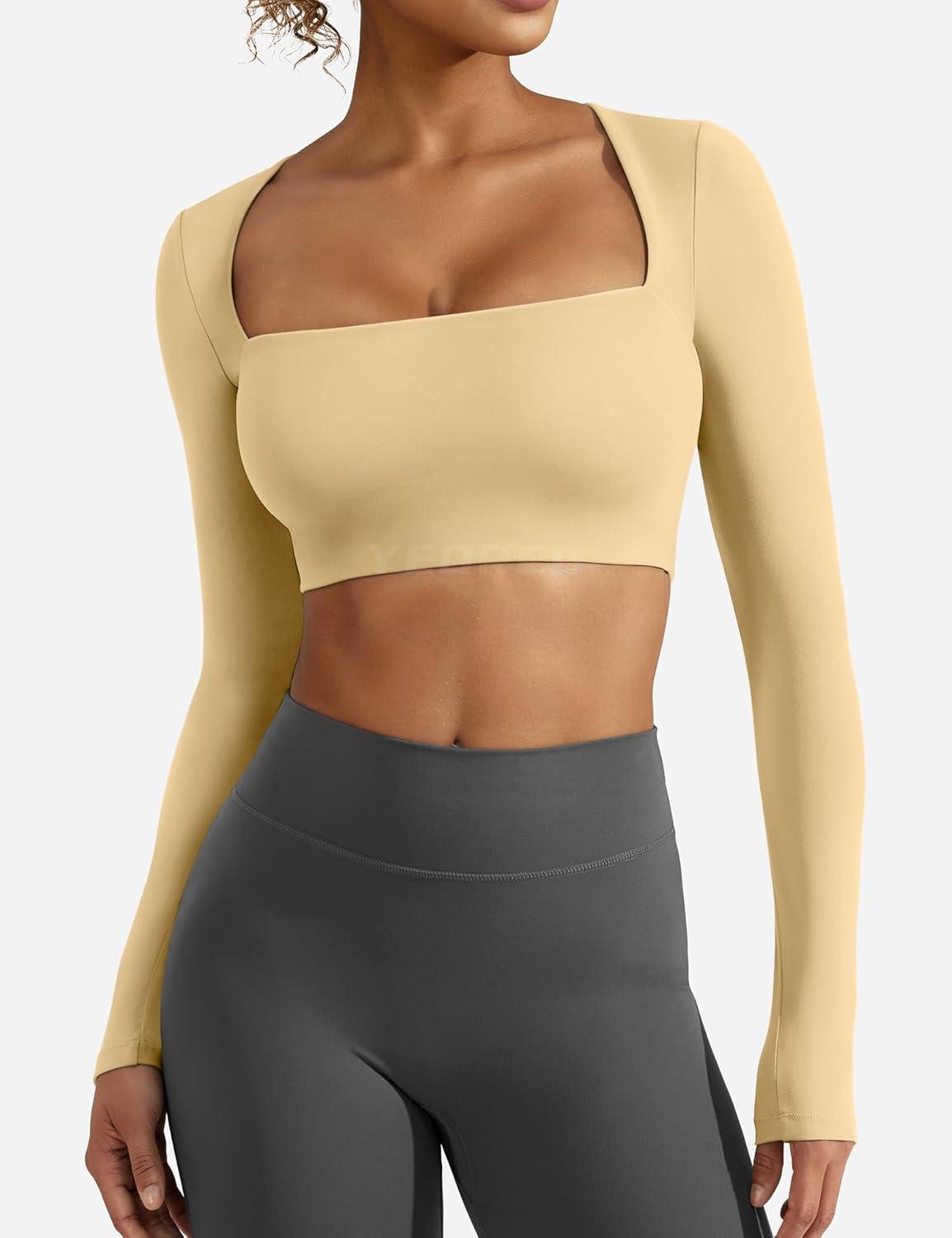imageYEOREO Womens Long Sleeve Crop Top Lane Square Neck Crop Top Basic Slim Fit T ShirtApricot