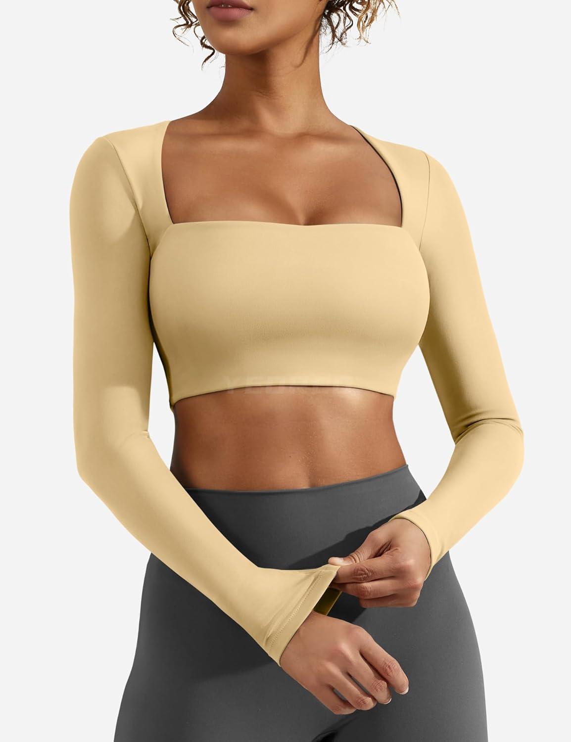 imageYEOREO Womens Long Sleeve Crop Top Lane Square Neck Crop Top Basic Slim Fit T ShirtApricot
