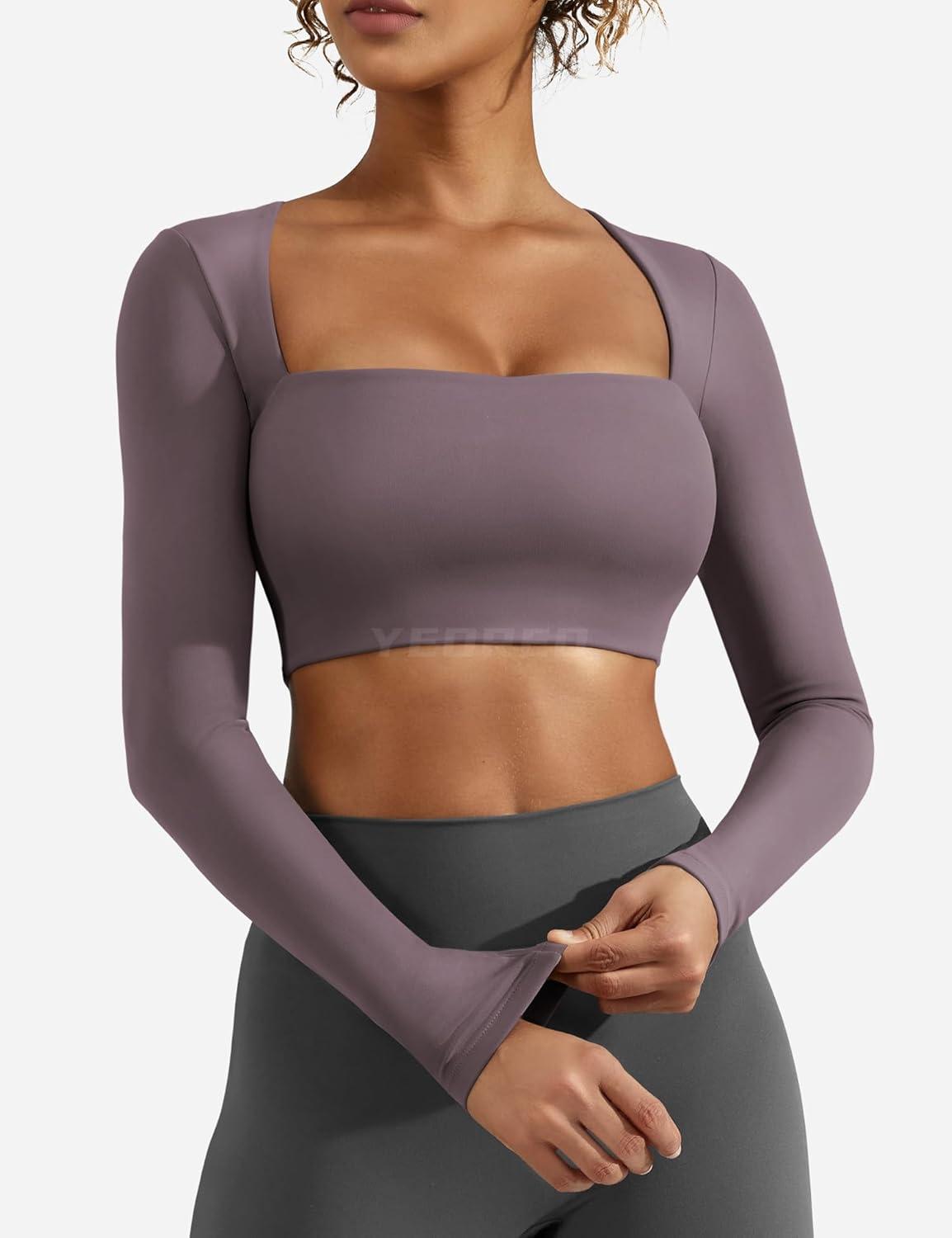 imageYEOREO Womens Long Sleeve Crop Top Lane Square Neck Crop Top Basic Slim Fit T ShirtDark Reddish Purple