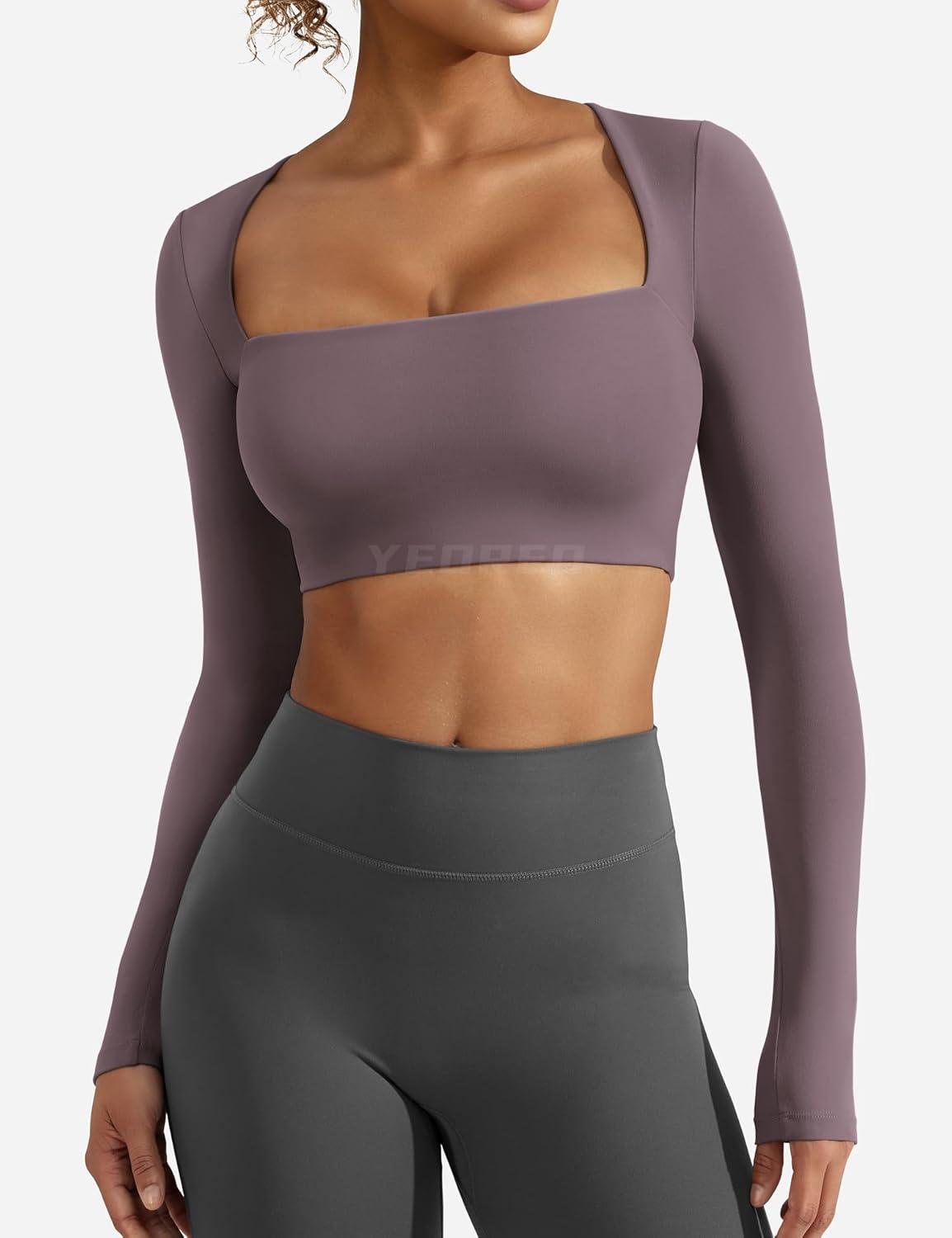 imageYEOREO Womens Long Sleeve Crop Top Lane Square Neck Crop Top Basic Slim Fit T ShirtDark Reddish Purple