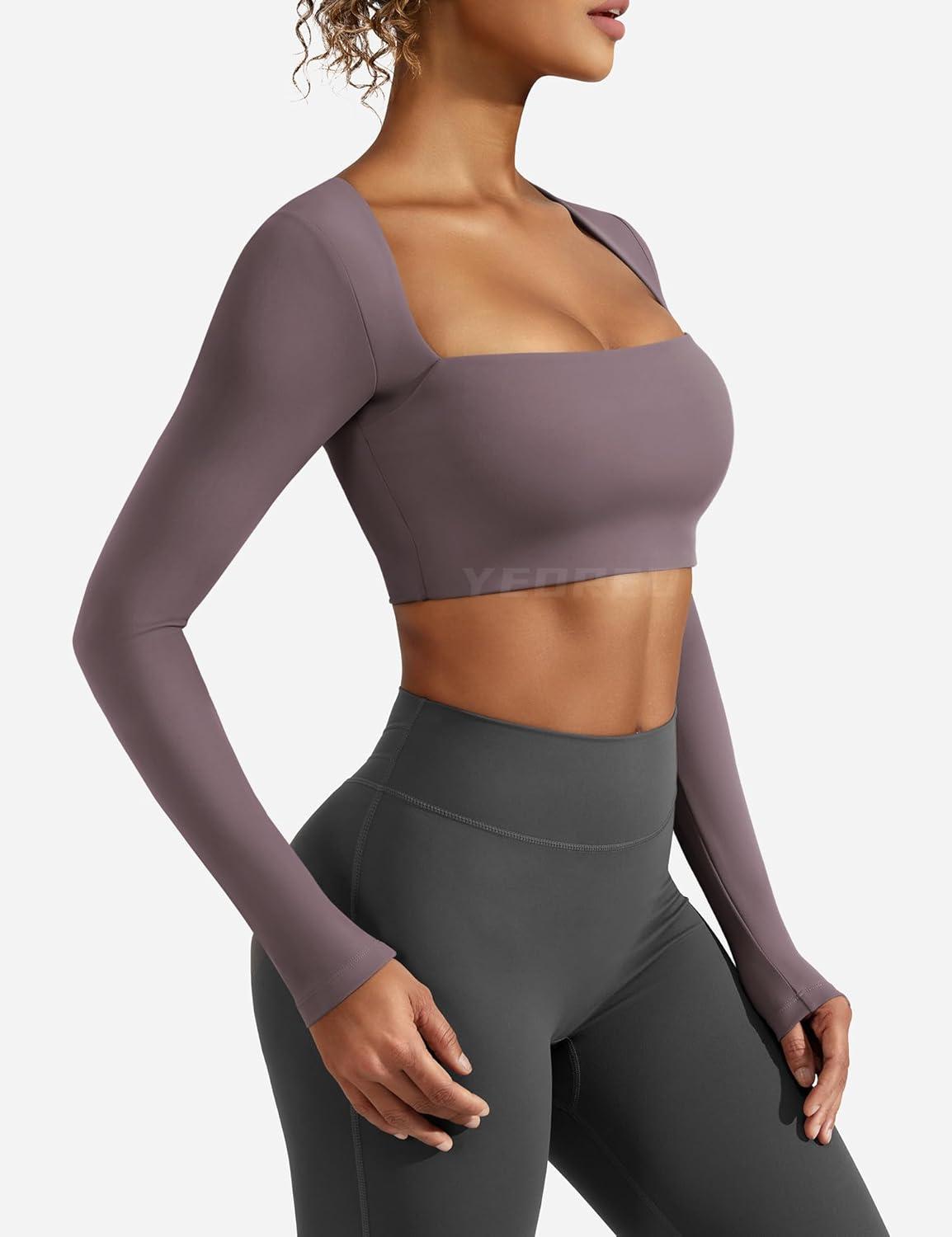 imageYEOREO Womens Long Sleeve Crop Top Lane Square Neck Crop Top Basic Slim Fit T ShirtDark Reddish Purple