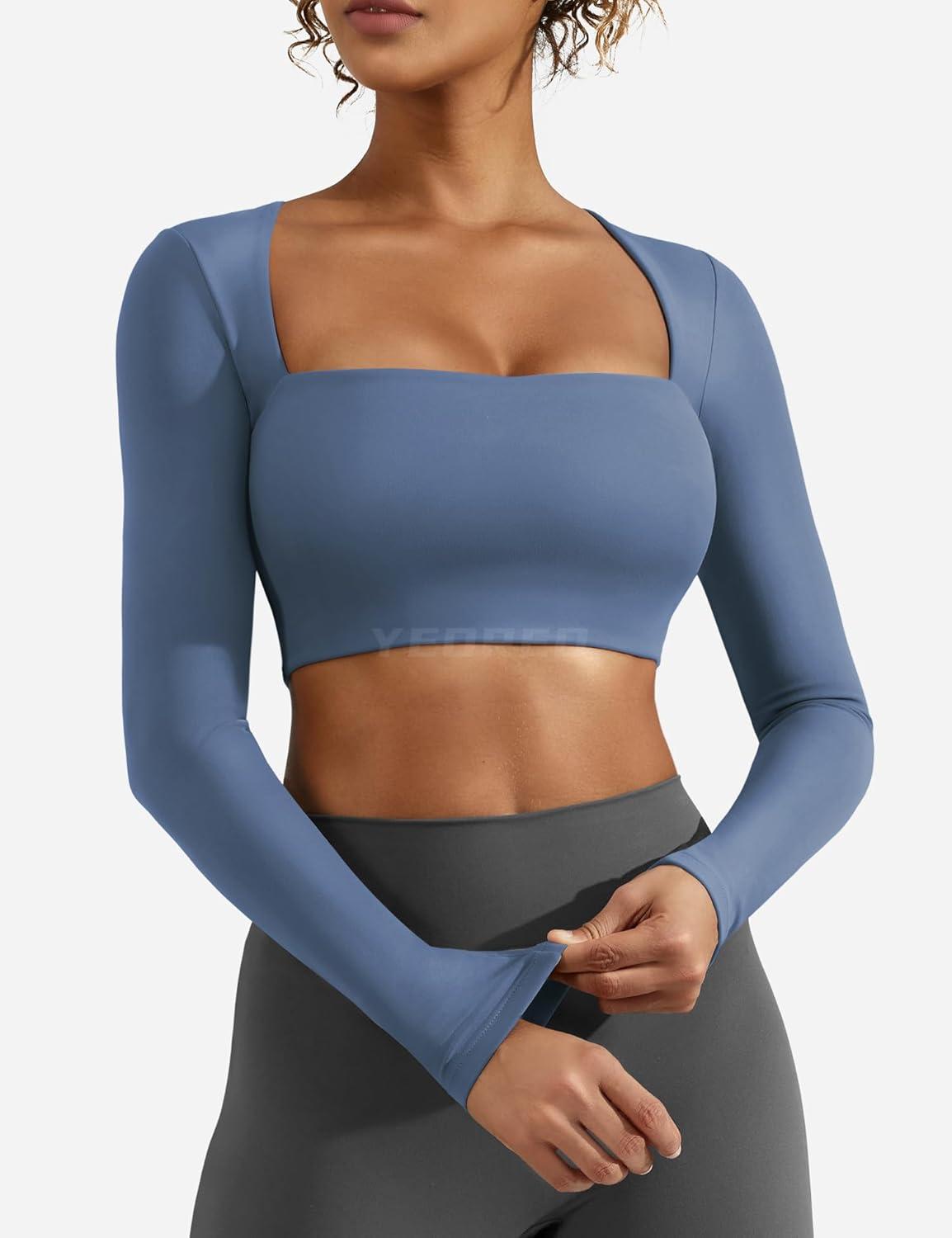 imageYEOREO Womens Long Sleeve Crop Top Lane Square Neck Crop Top Basic Slim Fit T ShirtEnsign Blue