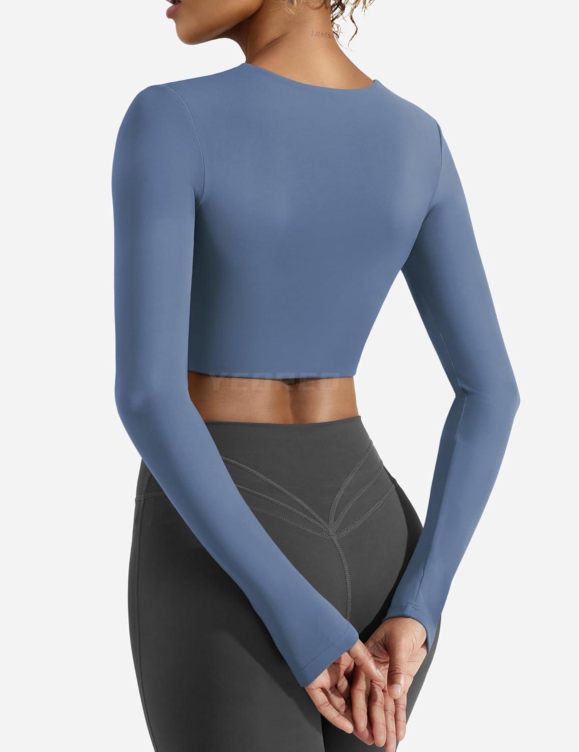 imageYEOREO Womens Long Sleeve Crop Top Lane Square Neck Crop Top Basic Slim Fit T ShirtEnsign Blue