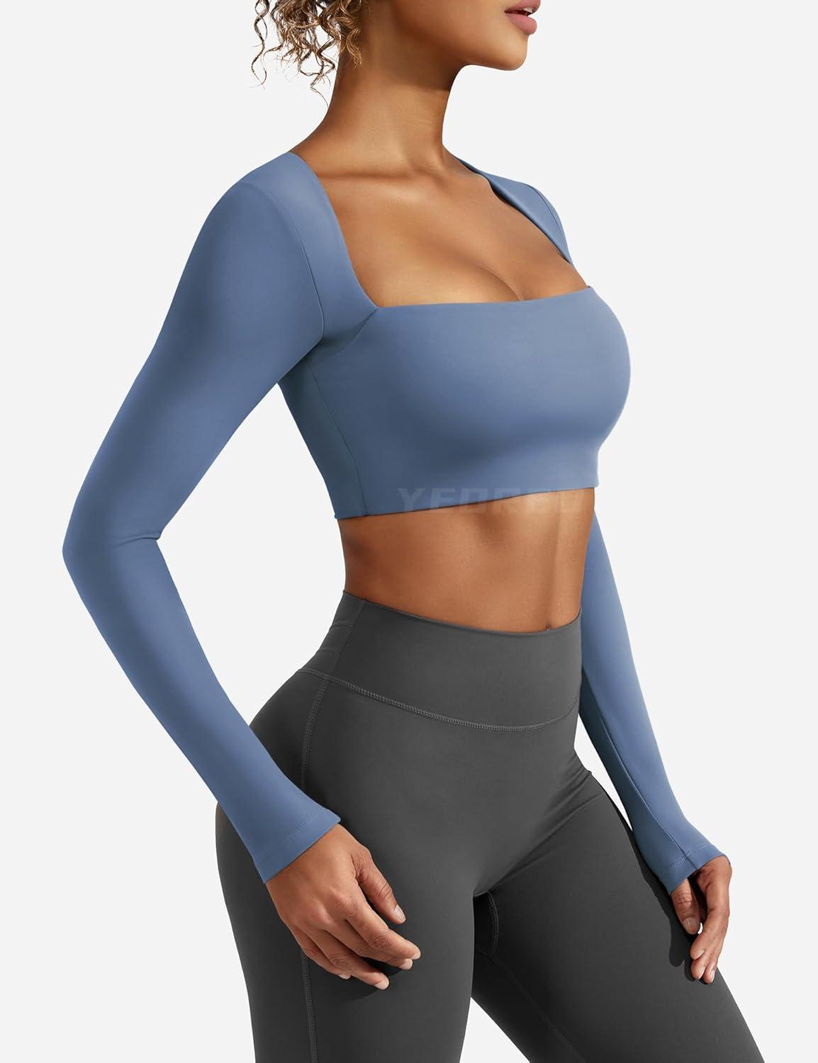 imageYEOREO Womens Long Sleeve Crop Top Lane Square Neck Crop Top Basic Slim Fit T ShirtEnsign Blue