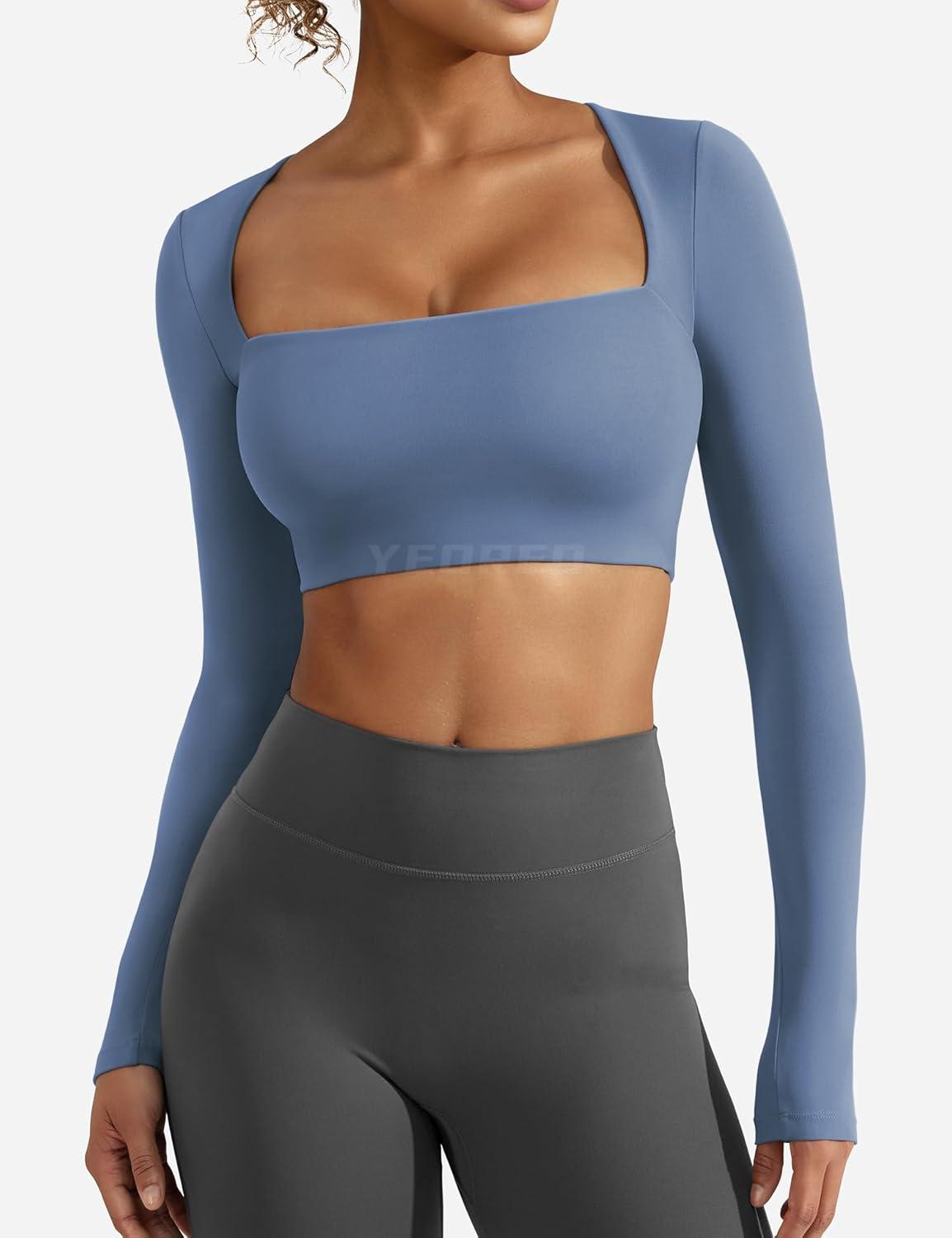 imageYEOREO Womens Long Sleeve Crop Top Lane Square Neck Crop Top Basic Slim Fit T ShirtEnsign Blue