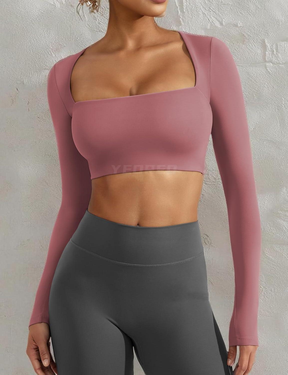 imageYEOREO Womens Long Sleeve Crop Top Lane Square Neck Crop Top Basic Slim Fit T ShirtRed Bean Paste