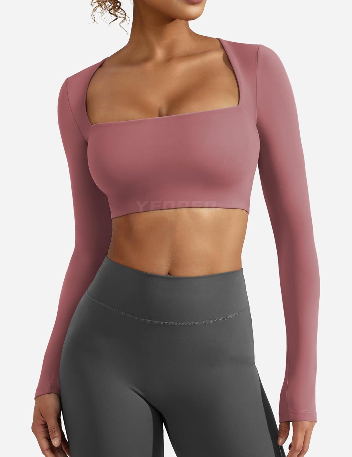 imageYEOREO Womens Long Sleeve Crop Top Lane Square Neck Crop Top Basic Slim Fit T ShirtRed Bean Paste