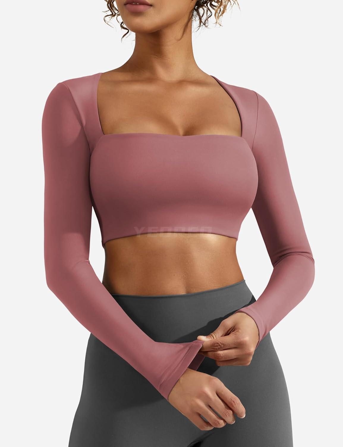 imageYEOREO Womens Long Sleeve Crop Top Lane Square Neck Crop Top Basic Slim Fit T ShirtRed Bean Paste