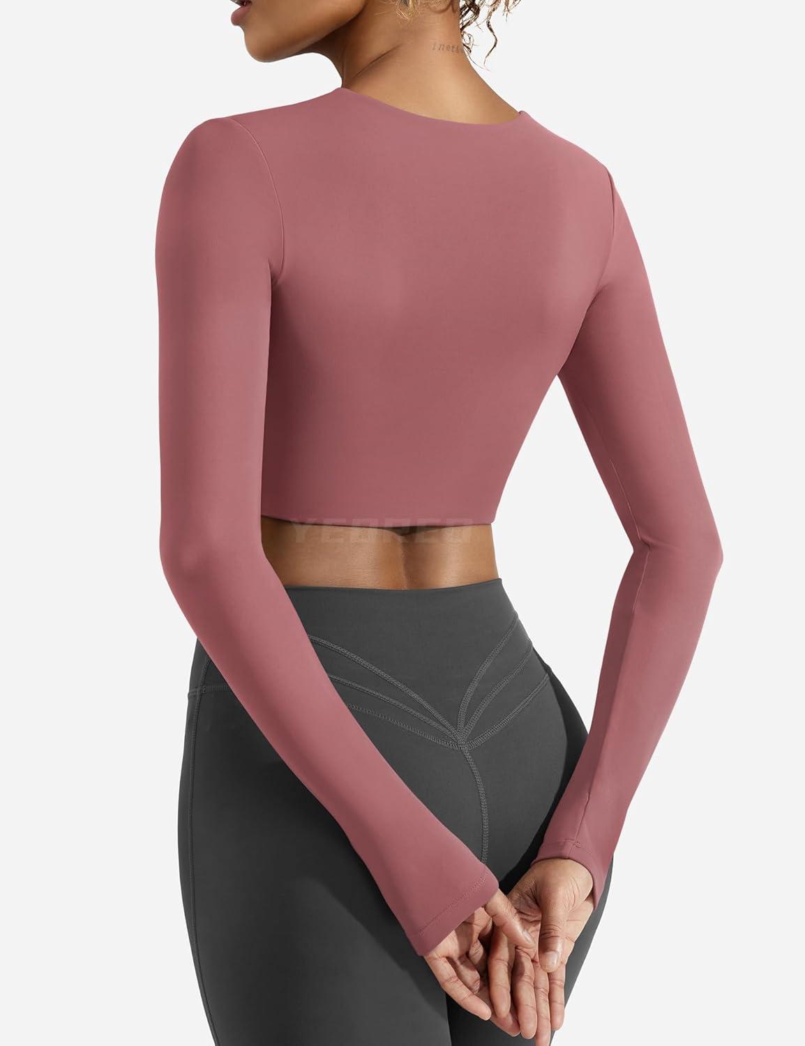 imageYEOREO Womens Long Sleeve Crop Top Lane Square Neck Crop Top Basic Slim Fit T ShirtRed Bean Paste