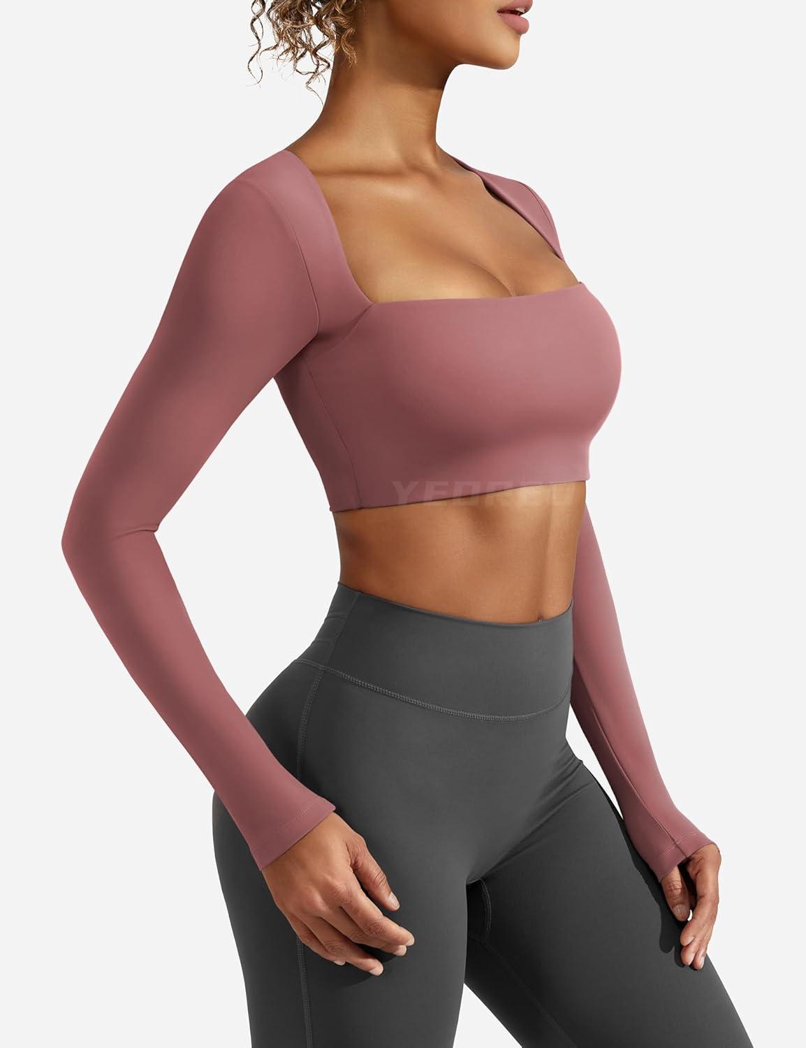 imageYEOREO Womens Long Sleeve Crop Top Lane Square Neck Crop Top Basic Slim Fit T ShirtRed Bean Paste