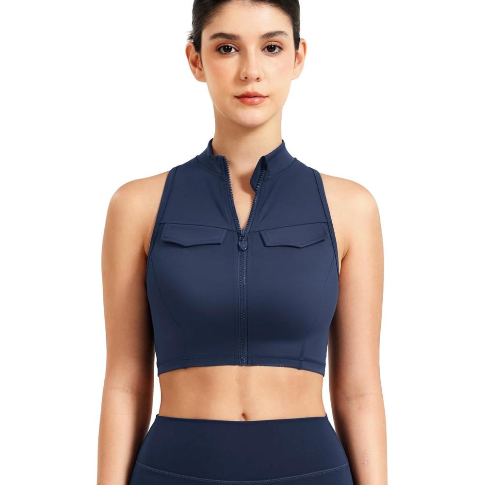 imageYEOREO CoreFlex Women Zipper Tank Top Workout Racerback Sleeveless Gym Fitted Collar Top Mock Pocket Crop Fitness Summer VestDeep Blue