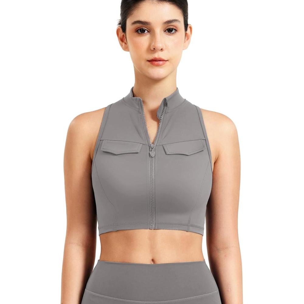 imageYEOREO CoreFlex Women Zipper Tank Top Workout Racerback Sleeveless Gym Fitted Collar Top Mock Pocket Crop Fitness Summer VestGrey