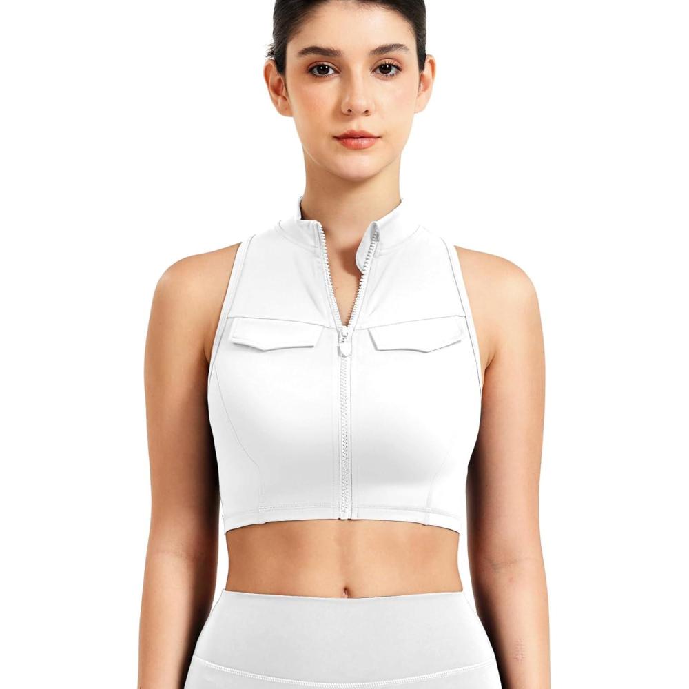 imageYEOREO CoreFlex Women Zipper Tank Top Workout Racerback Sleeveless Gym Fitted Collar Top Mock Pocket Crop Fitness Summer VestWhite