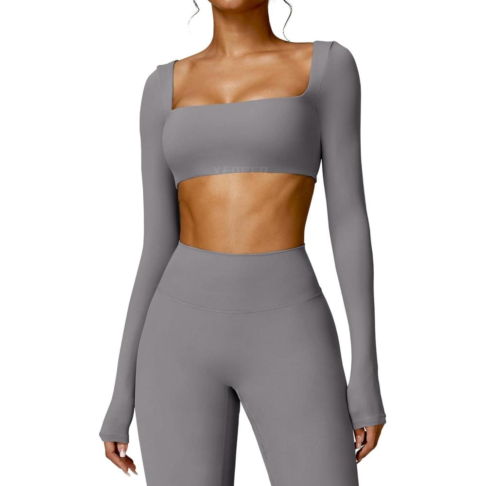imageYEOREO Kyla Women Crop Top Long Sleeve Padded Sports Low Medium Impact Yoga Shirt WorkoutGrey