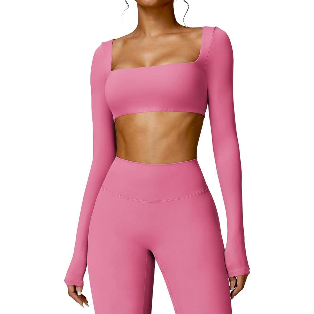 imageYEOREO Kyla Women Crop Top Long Sleeve Padded Sports Low Medium Impact Yoga Shirt WorkoutPink