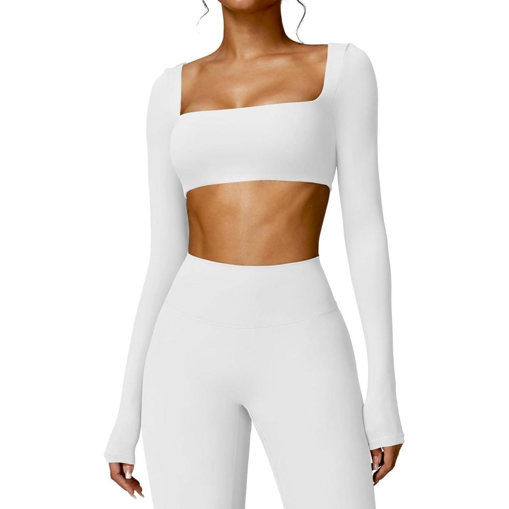 imageYEOREO Kyla Women Crop Top Long Sleeve Padded Sports Low Medium Impact Yoga Shirt WorkoutWhite