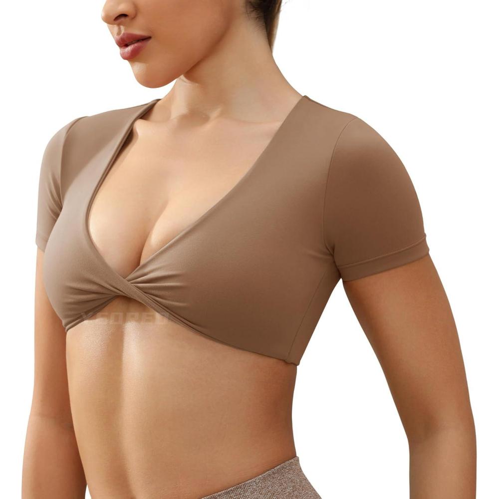 imageYEOREO Kyla Workout Crop Tops for Women Short Sleeve Twist Front Crop Tank Top Padded Sports Bra Casual ShirtsBrown