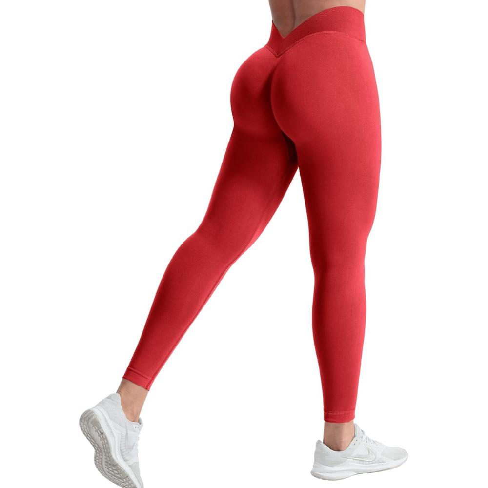 imageYEOREO Liz Scrunch Workout Leggings for Women High Waisted Butt Lifting V Back Waist Seamless Gym Yoga LeggingsBright Red