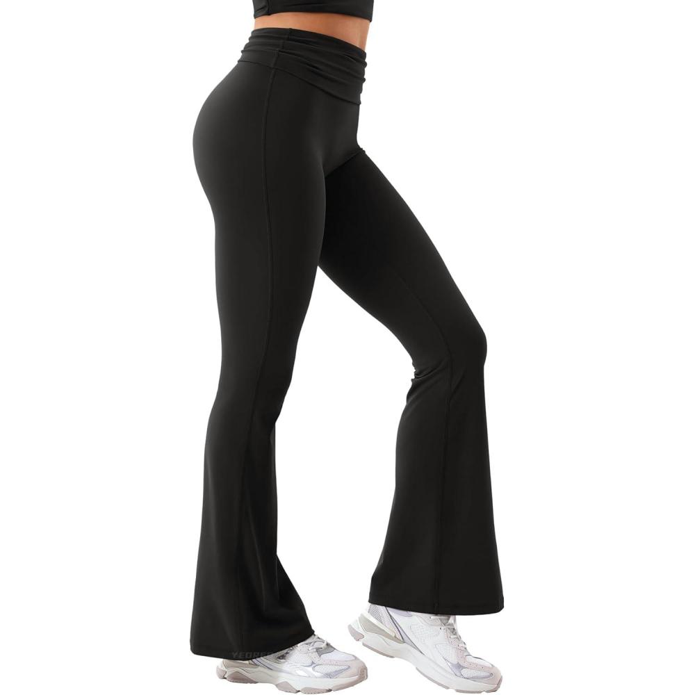 imageYEOREO Romola Women Yoga Pants Flare Leggings with Tummy Control High Waist Fold Over Bootcut Wide Legs Workout LeggingBlack