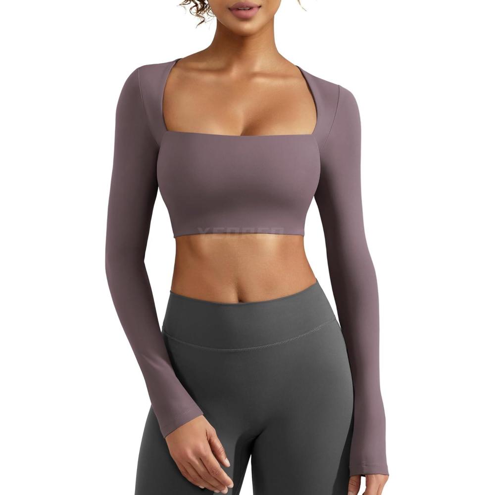 imageYEOREO Womens Long Sleeve Crop Top Lane Square Neck Crop Top Basic Slim Fit T ShirtDark Reddish Purple