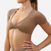 imageYEOREO Kyla Workout Crop Tops for Women Short Sleeve Twist Front Crop Tank Top Padded Sports Bra Casual ShirtsBrown