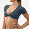 imageYEOREO Kyla Workout Crop Tops for Women Short Sleeve Twist Front Crop Tank Top Padded Sports Bra Casual ShirtsDark Blue Green