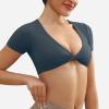 imageYEOREO Kyla Workout Crop Tops for Women Short Sleeve Twist Front Crop Tank Top Padded Sports Bra Casual ShirtsDark Blue Green