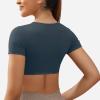 imageYEOREO Kyla Workout Crop Tops for Women Short Sleeve Twist Front Crop Tank Top Padded Sports Bra Casual ShirtsDark Blue Green