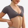 imageYEOREO Kyla Workout Crop Tops for Women Short Sleeve Twist Front Crop Tank Top Padded Sports Bra Casual ShirtsDark Grey