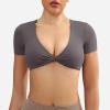 imageYEOREO Kyla Workout Crop Tops for Women Short Sleeve Twist Front Crop Tank Top Padded Sports Bra Casual ShirtsDark Grey