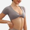 imageYEOREO Kyla Workout Crop Tops for Women Short Sleeve Twist Front Crop Tank Top Padded Sports Bra Casual ShirtsLight Grey