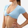 imageYEOREO Kyla Workout Crop Tops for Women Short Sleeve Twist Front Crop Tank Top Padded Sports Bra Casual ShirtsSky Blue