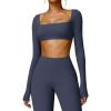 imageYEOREO Kyla Women Crop Top Long Sleeve Padded Sports Low Medium Impact Yoga Shirt WorkoutNavy