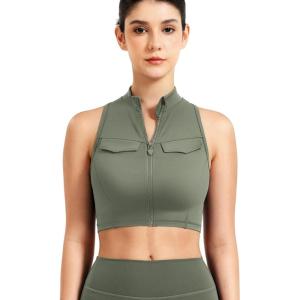 imageYEOREO CoreFlex Women Zipper Tank Top Workout Racerback Sleeveless Gym Fitted Collar Top Mock Pocket Crop Fitness Summer VestArmy Green