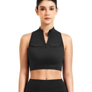 imageYEOREO CoreFlex Women Zipper Tank Top Workout Racerback Sleeveless Gym Fitted Collar Top Mock Pocket Crop Fitness Summer VestBlack