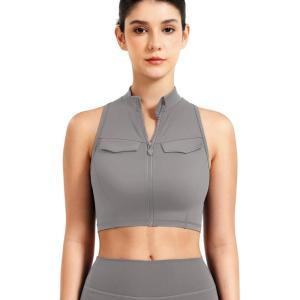 imageYEOREO CoreFlex Women Zipper Tank Top Workout Racerback Sleeveless Gym Fitted Collar Top Mock Pocket Crop Fitness Summer VestGrey