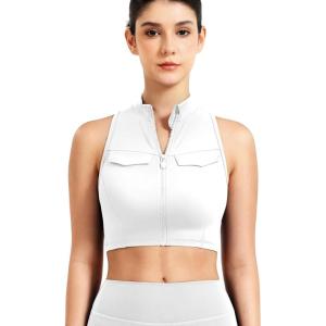 imageYEOREO CoreFlex Women Zipper Tank Top Workout Racerback Sleeveless Gym Fitted Collar Top Mock Pocket Crop Fitness Summer VestWhite