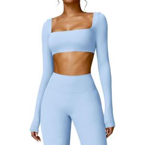 imageYEOREO Kyla Women Crop Top Long Sleeve Padded Sports Low Medium Impact Yoga Shirt WorkoutBaby Blue