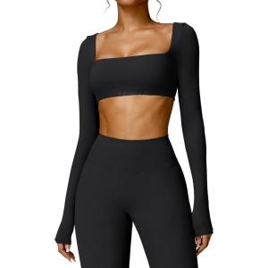imageYEOREO Kyla Women Crop Top Long Sleeve Padded Sports Low Medium Impact Yoga Shirt WorkoutBlack