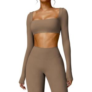 imageYEOREO Kyla Women Crop Top Long Sleeve Padded Sports Low Medium Impact Yoga Shirt WorkoutBrown
