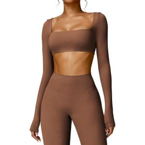 imageYEOREO Kyla Women Crop Top Long Sleeve Padded Sports Low Medium Impact Yoga Shirt WorkoutCoffee