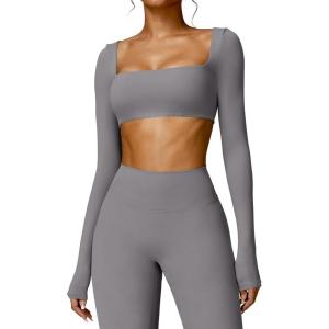 imageYEOREO Kyla Women Crop Top Long Sleeve Padded Sports Low Medium Impact Yoga Shirt WorkoutGrey