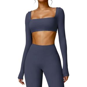 imageYEOREO Kyla Women Crop Top Long Sleeve Padded Sports Low Medium Impact Yoga Shirt WorkoutNavy