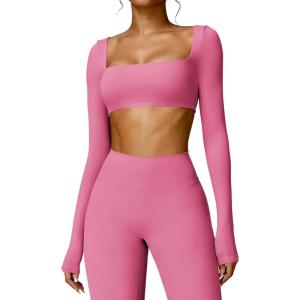 imageYEOREO Kyla Women Crop Top Long Sleeve Padded Sports Low Medium Impact Yoga Shirt WorkoutPink