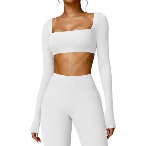 imageYEOREO Kyla Women Crop Top Long Sleeve Padded Sports Low Medium Impact Yoga Shirt WorkoutWhite